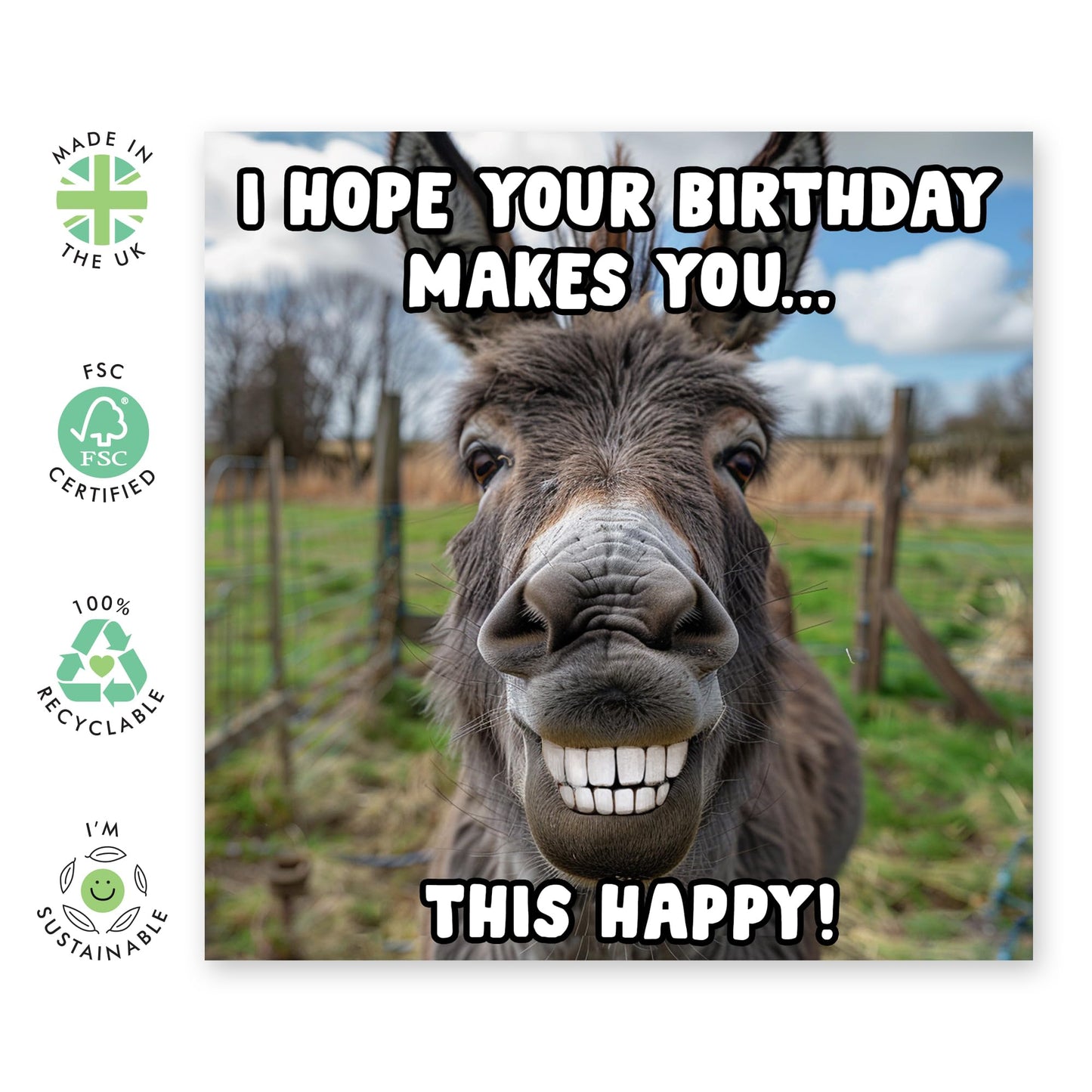 Funny Donkey Greeting Card - 'Donkey Happy' - Gifts for Friends, Him, Her, Besties, Buddies, Mate, Family, Colleagues, Coworkers - Comes with Fun Stickers