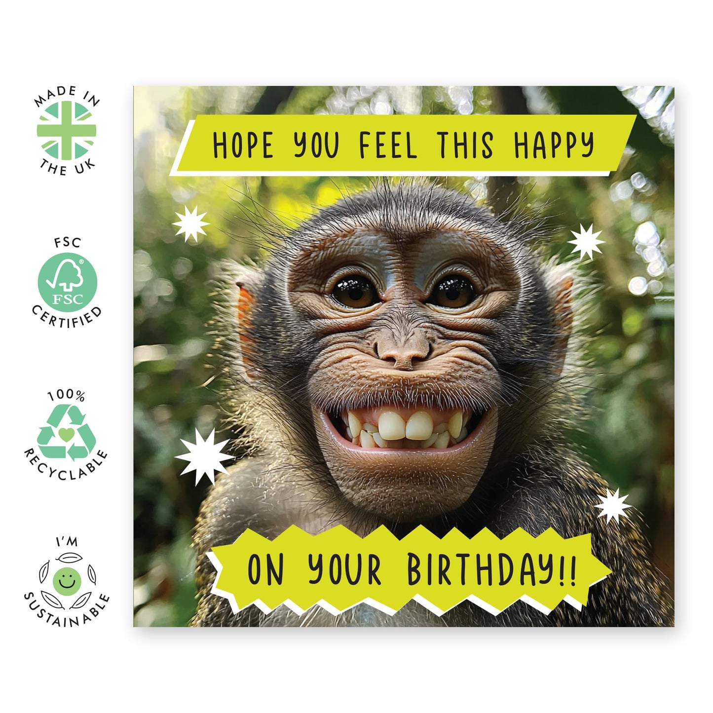 Cheerful Birthday Card - 'HOPE YOU'RE THIS HAPPY, MONKEY!' - Perfect for Celebrating with Joy and Playfulness - Ideal for Friends Family Animal Lovers Dads MUMs BFFs- Comes With Stickers By Central 23