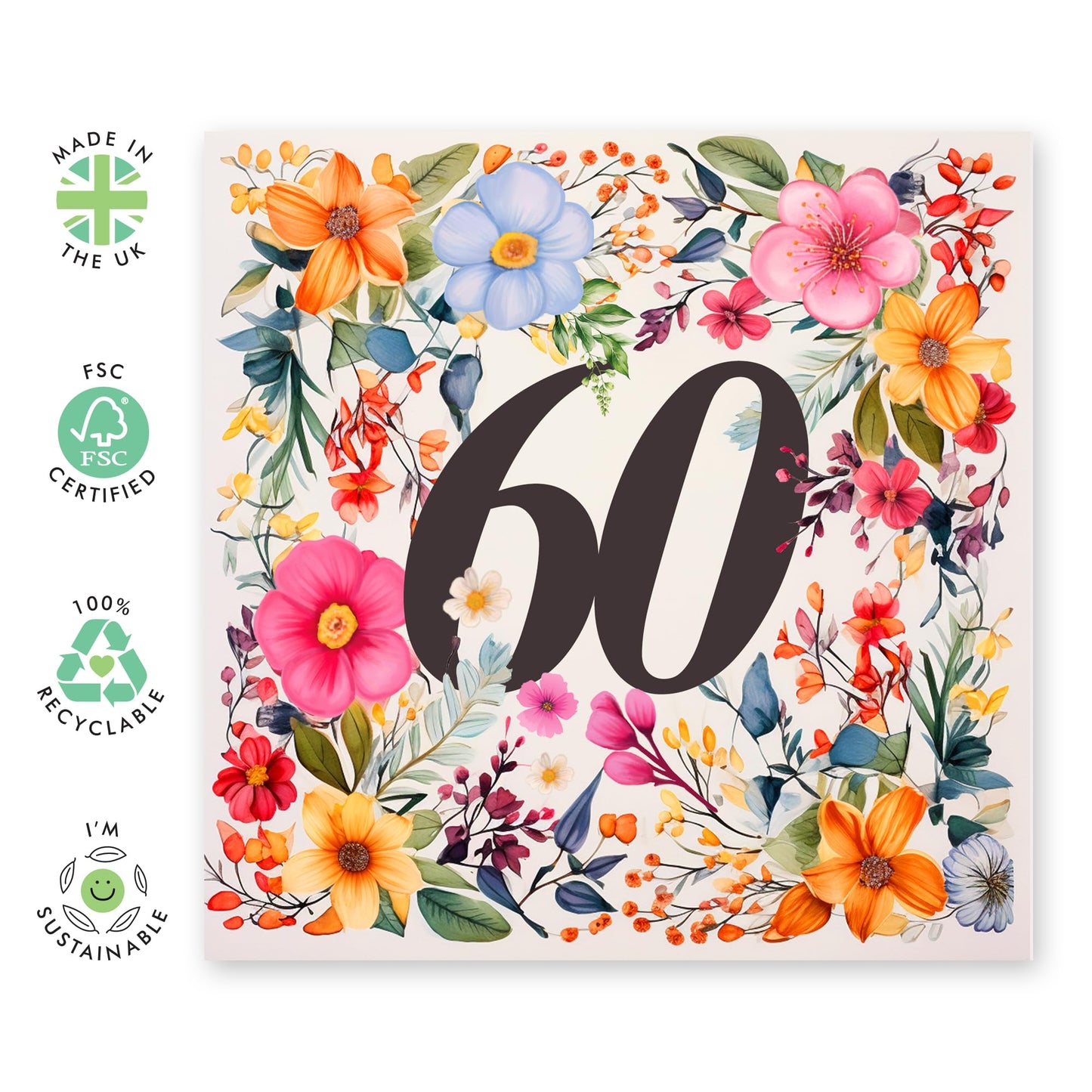 60th Birthday Card For Women - Happy Sixtieth Birthday Card For Her - Flower Gifts - Floral Birthday Cards For Sister Mum Nan Aunt Cousin Friends Age Sixty - Comes With Stickers By Central 23