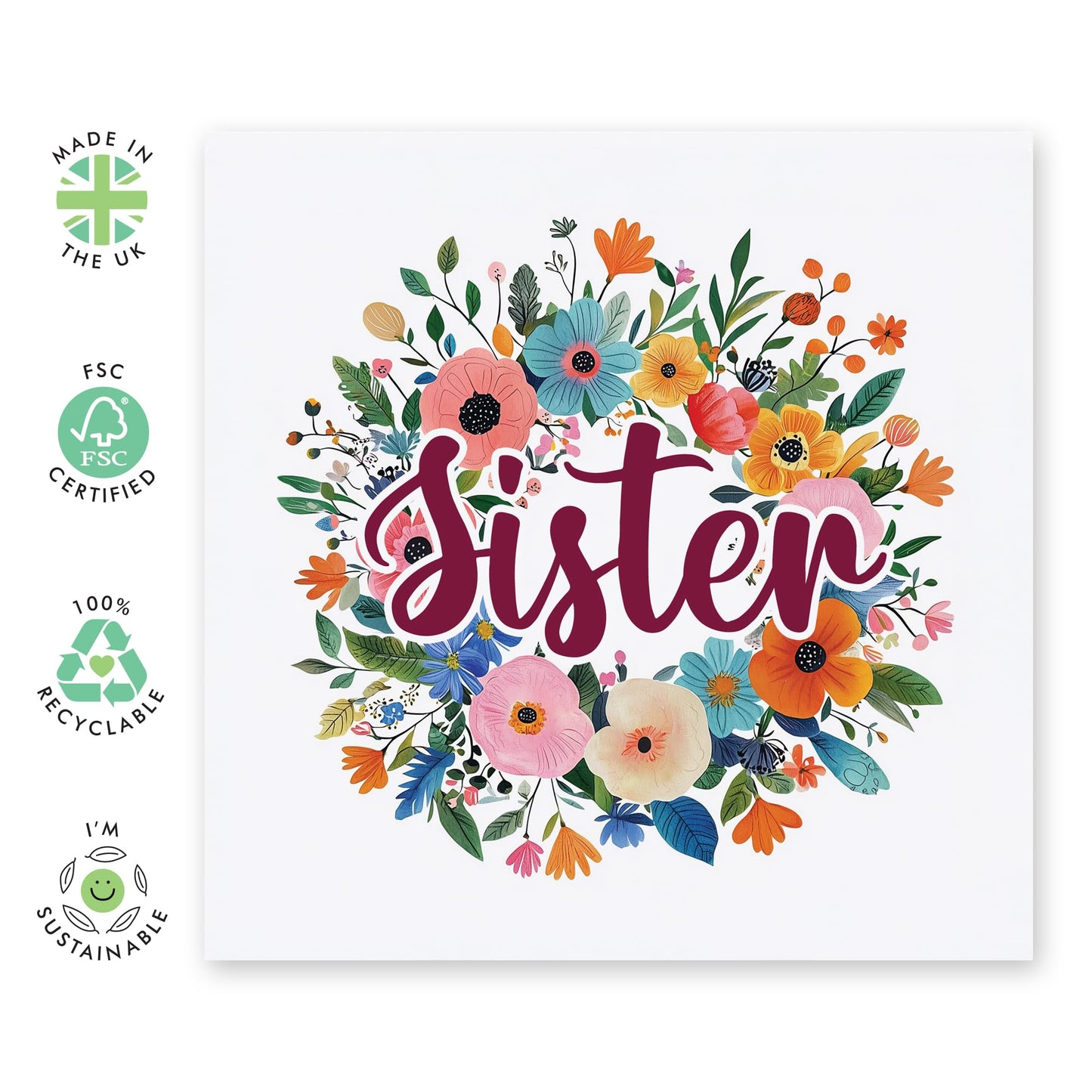 Sister's Birthday Card - 'Sister Floral Wreath' - Gifts for Sis, Sibling, Family, Teenagers, Ladies, Girls, Her - Flowers & Message to My Sis - Comes with Fun Stickers