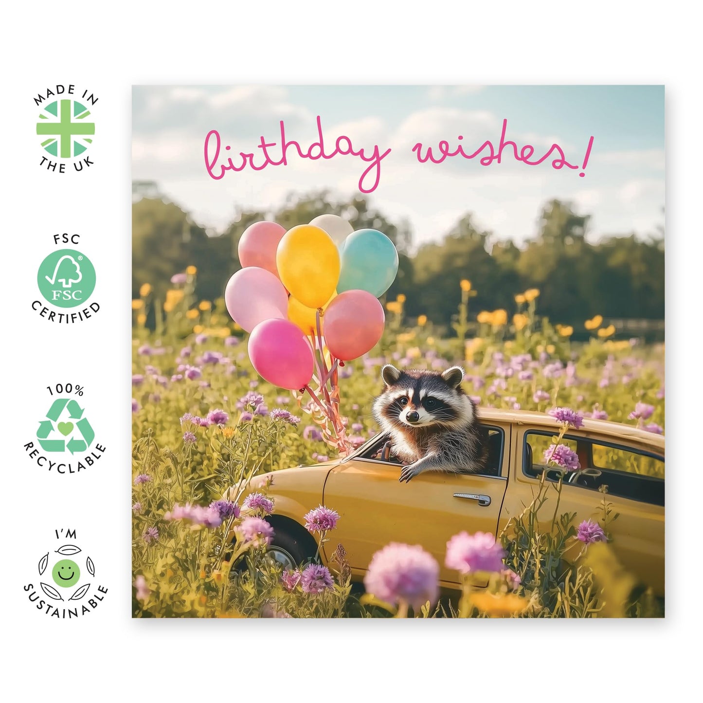 Birthday Wishes Card - 'Birthday Raccoon Balloons' - Gifts for Besties, Best Friends, BFF, Co-workers, Colleagues, Bruv, Mates, Him, Neighbour - Driving Raccoon - Comes with Fun Stickers