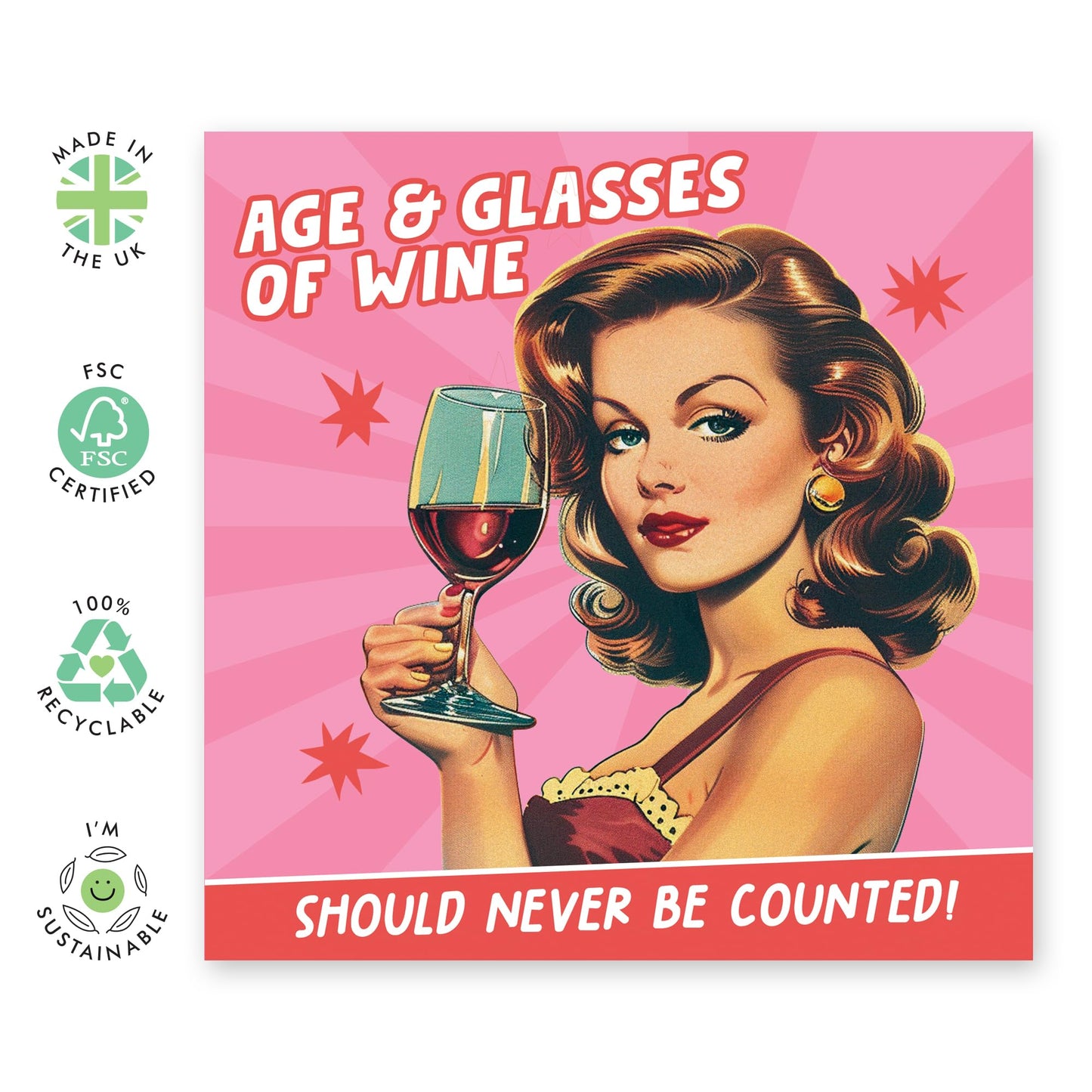 Friend Birthday Cards For Women - Age And Glasses Of Wine - Retro Friendship Gifts For Her - Funny Greeting Cards For Sister Mum Auntie Nana Cousin - Comes With Stickers - By Central 23