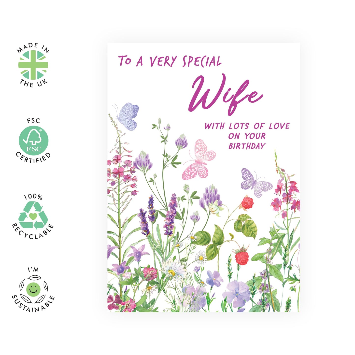 Lovely Birthday Card for Her - 'Birthday Floral Wife' - Gifts for Couples, Mothers, Mum, Mrs, Family, Woman - Flowers & Butterflies - Comes with Fun Stickers
