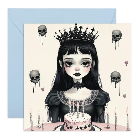 Gothic Birthday Card - 'Goth Princess Birthday Skulls' - Gifts for Friends, Colleague, Sister, Her - Black - Comes with Fun Stickers