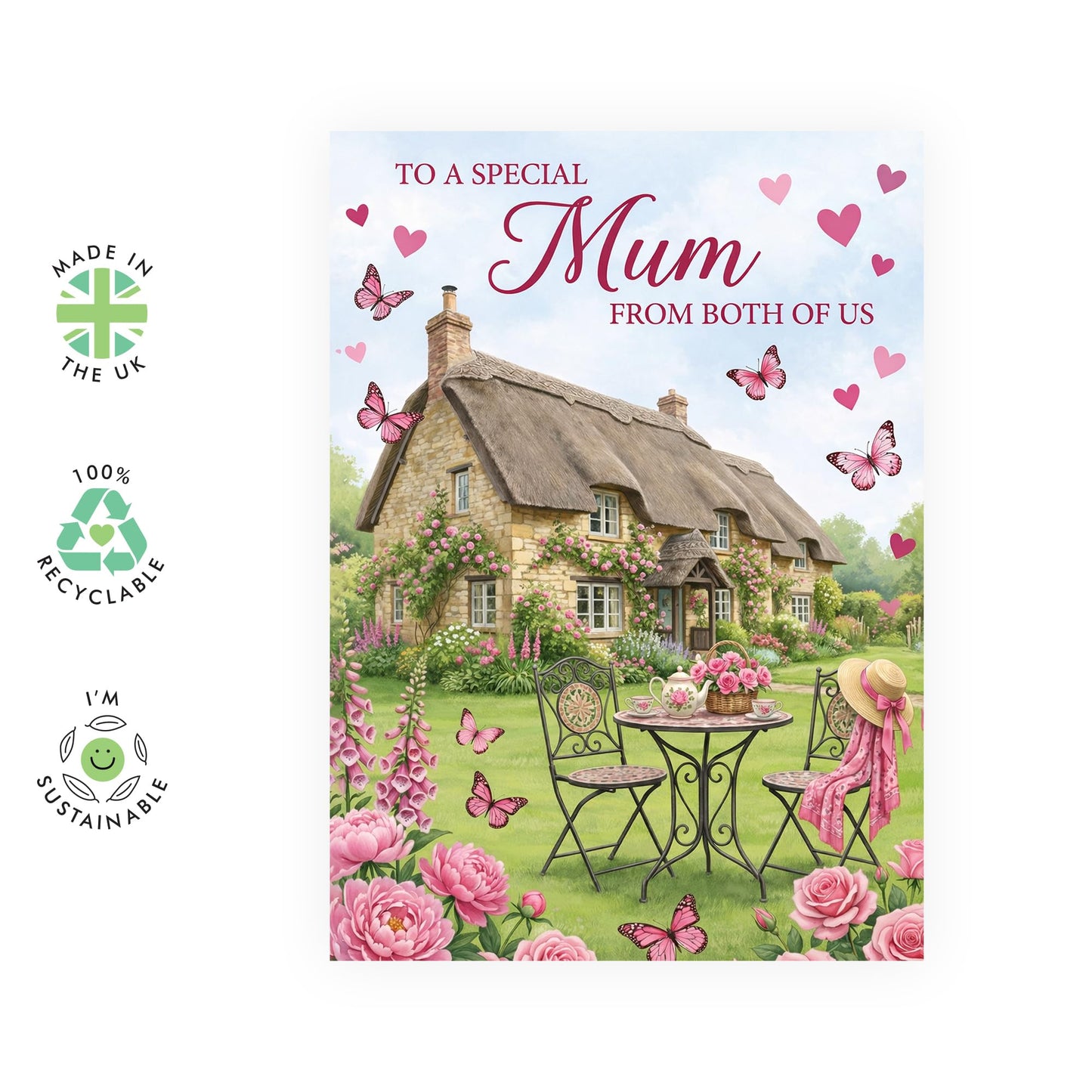 Cute Mother’s Day Card – Greetings From Both Of Us for Mum Mama Mummy Ladies Women Her From Son Daughter Partner Husband – Cottage Garden Illustration - Pink Flowers -Comes with Stickers
