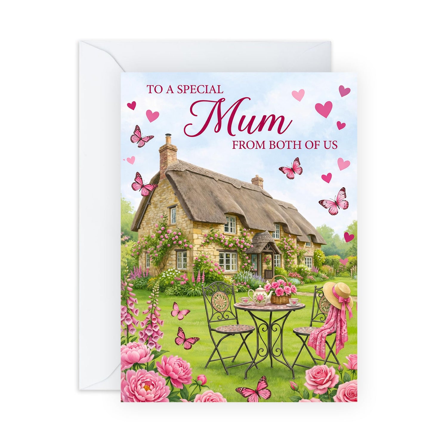 Cute Mother’s Day Card – Greetings From Both Of Us for Mum Mama Mummy Ladies Women Her From Son Daughter Partner Husband – Cottage Garden Illustration - Pink Flowers -Comes with Stickers