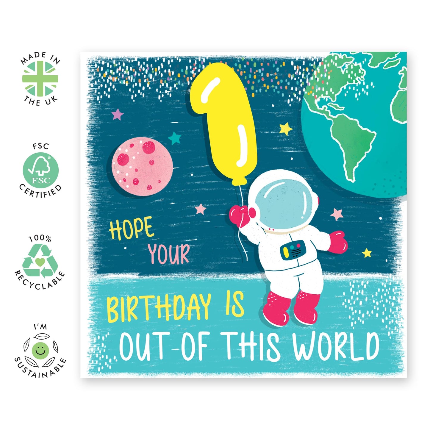 First Birthday Card Boy Girl - Out Of This World Space Astronaut - Happy 1st Birthday Cards For Kids Toddler - One Year Old Gifts For Grandson Goddaughter - Comes With Cute Stickers By Central 23