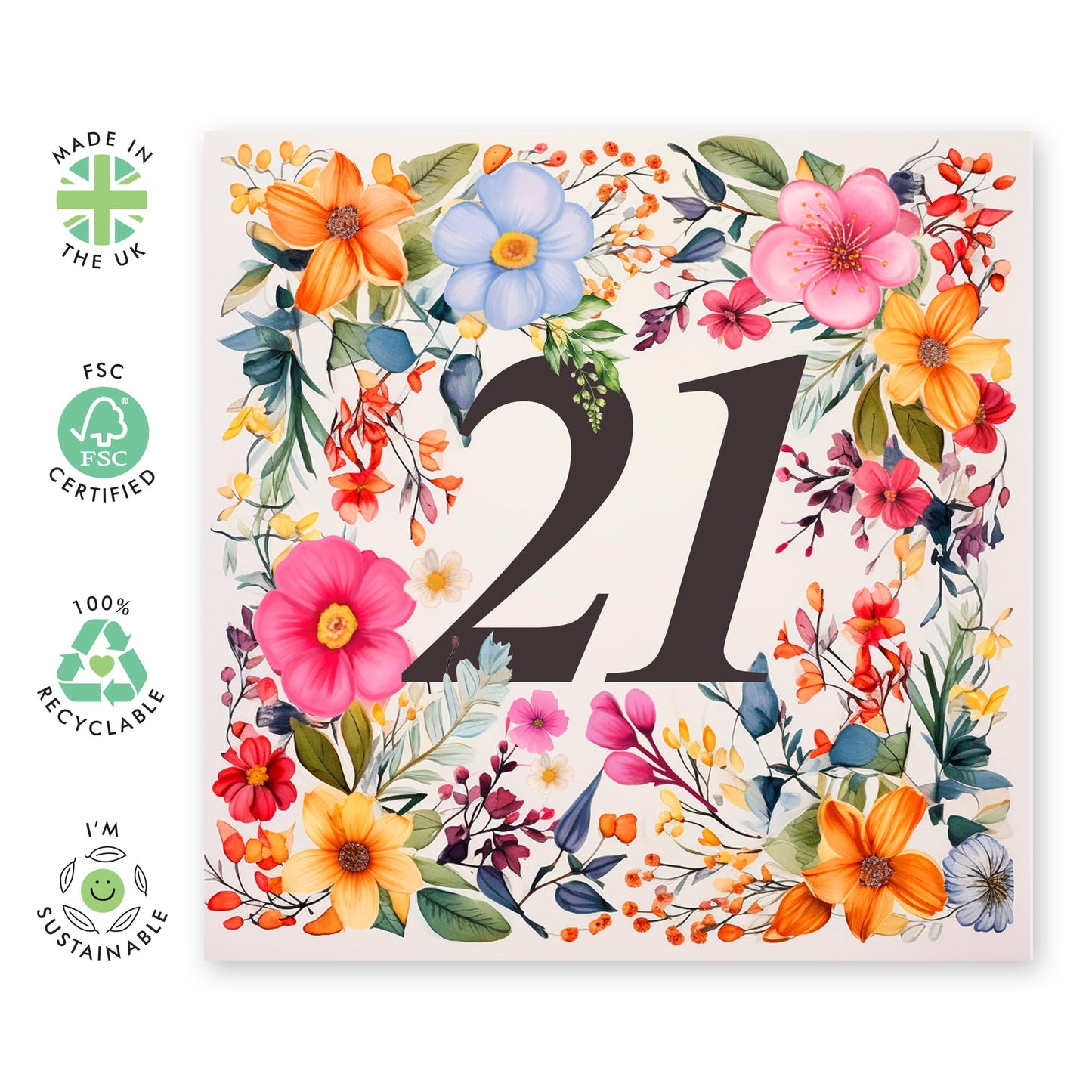 21st Birthday Card For Women - Happy Twenty-first Birthday Card For Her - Flower Gifts - Floral Birthday Cards For Sister Granddaughter Friends Age Twenty One - Comes With Stickers By Central 23