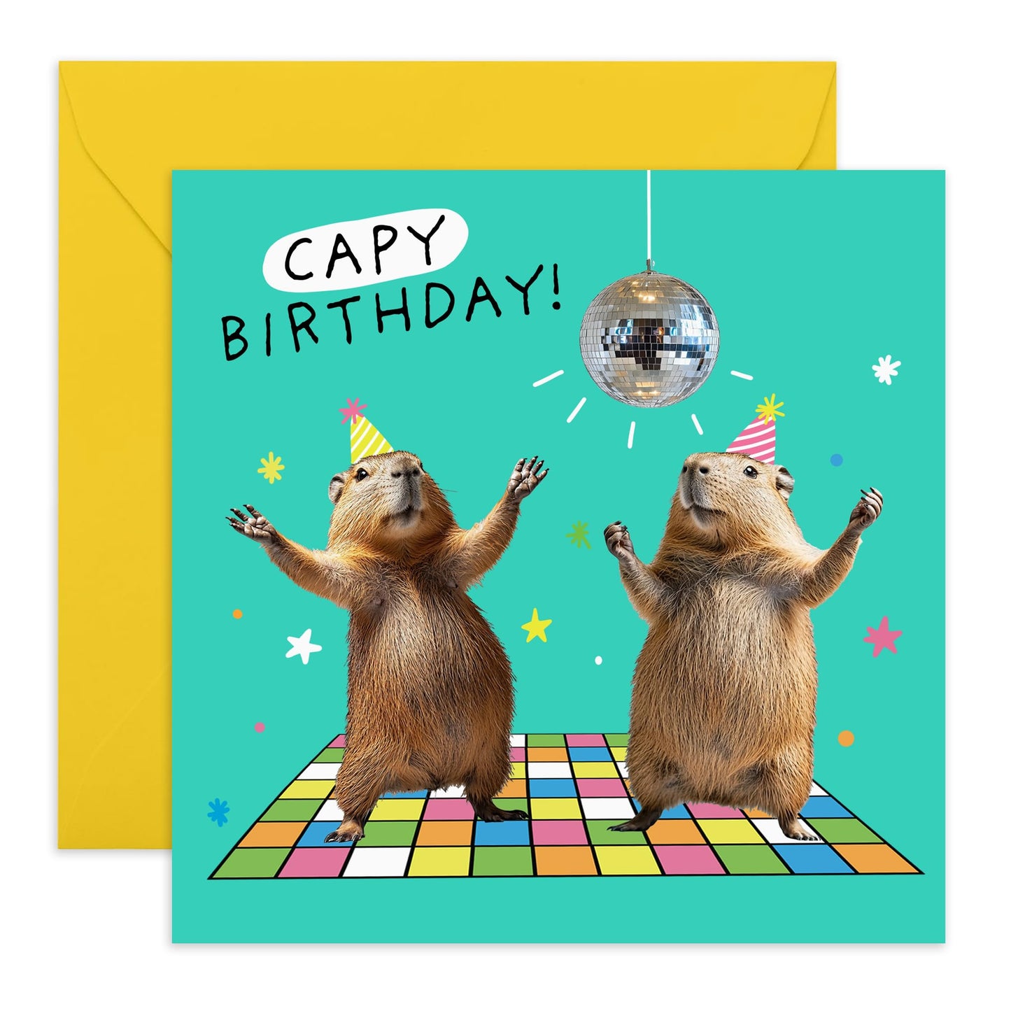 Disco Birthday Card - 'Capy Birthday' - Gifts for Best Friends, Bruv, Mate, Lads, Besties, BFF, Co-workers, Colleagues, Family - Time To Dance - Comes with Fun Stickers