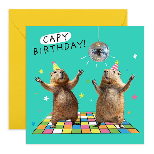 Disco Birthday Card - 'Capy Birthday' - Gifts for Best Friends, Bruv, Mate, Lads, Besties, BFF, Co-workers, Colleagues, Family - Time To Dance - Comes with Fun Stickers
