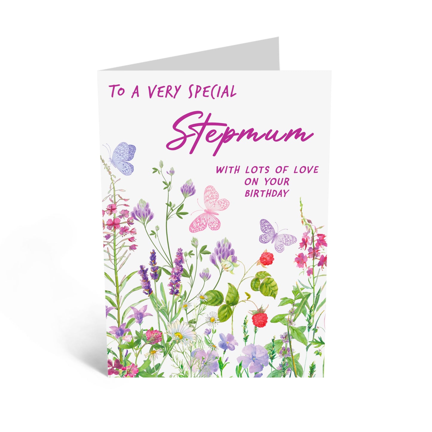 Lovely Birthday Card - 'Birthday Floral Stepmum' - Gifts for Step Mother, Mum, Mammy, Mam, Wife, From Kids & Husband - Flowers & Butterflies - Comes with Fun Stickers