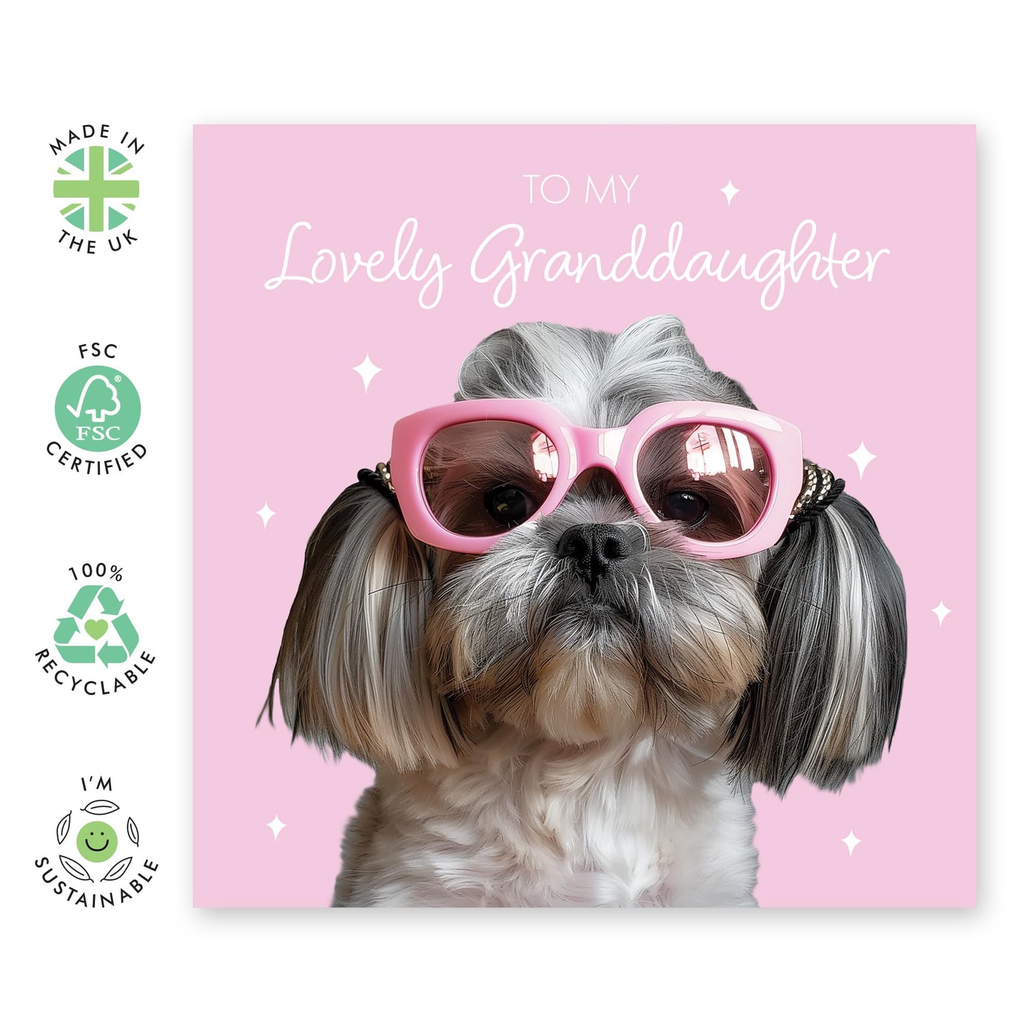 Cute Greeting Card - 'Lovely Granddaughter' - Gifts for Granddaughters, Family, Relatives by Grandparents - Fabulously Cute Dog - Comes with Fun Stickers