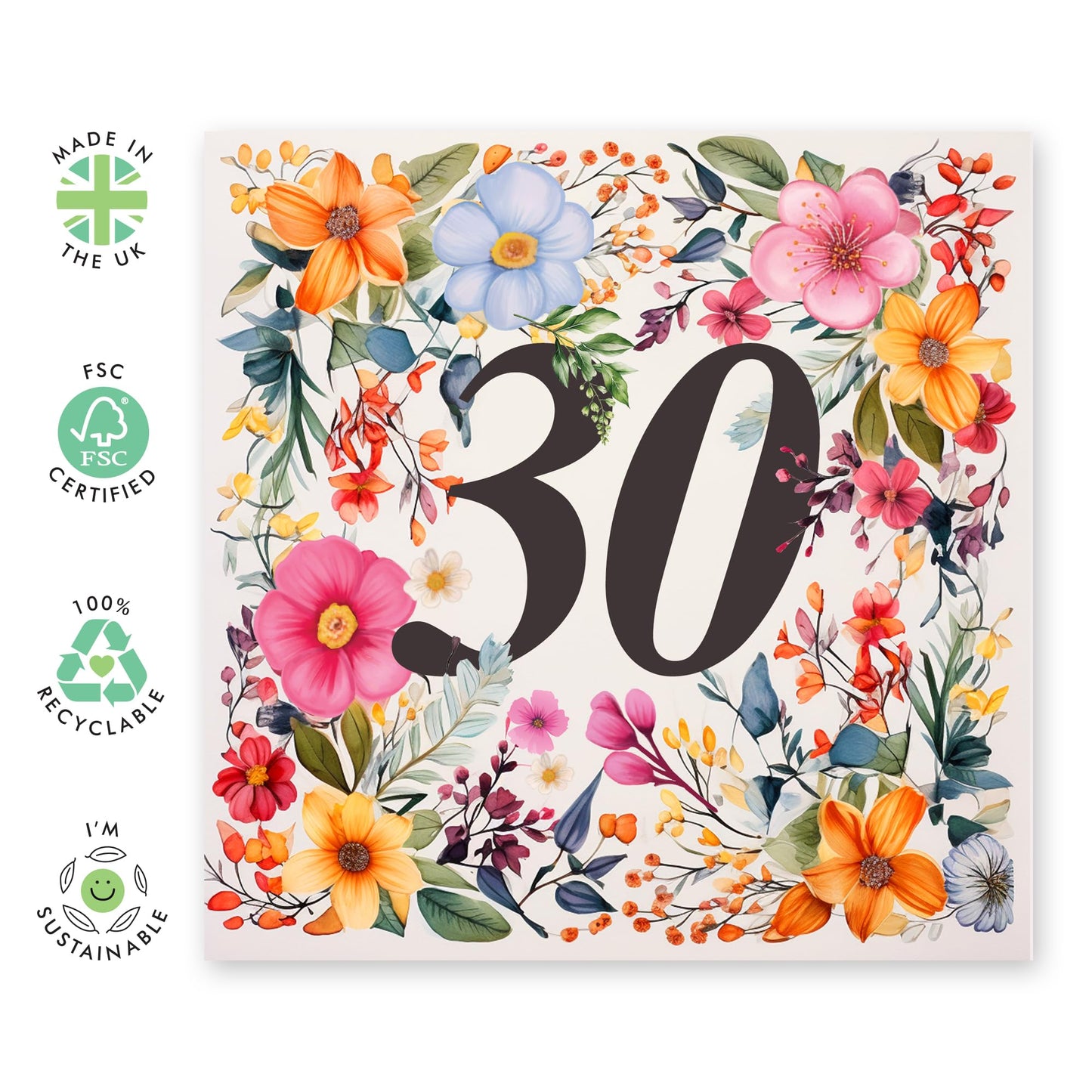 30th Birthday Card For Women - Happy Thirtieth Birthday Card For Her - Flower Gifts - Floral Birthday Cards For Sister Daughter Friends Age Thirty - Comes With Stickers By Central 23