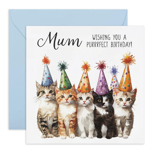 Adorable Pets Birthday Card - 'Cat Birthday Mum' - Gifts for Mother, Mama, Ma, Her from Kids, Children, Family - Purrfect Day - Comes with Fun Stickers