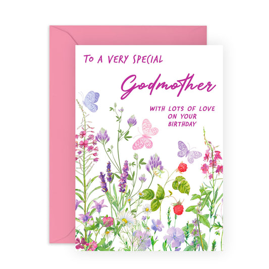 Lovely Birthday Card - 'Birthday Floral God Mother' - Gifts for God Parents, Ladies, Her, Relatives, From Grandchild - Flowers & Butterflies - Comes with Fun Stickers