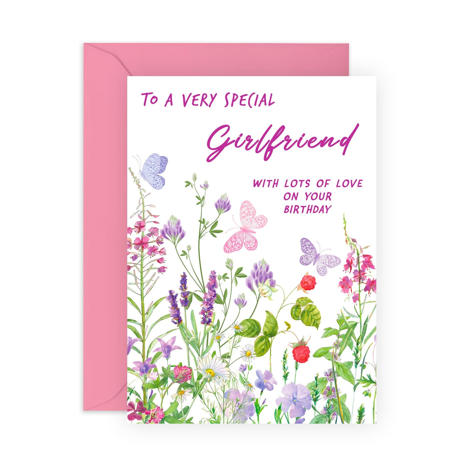 Lovely Birthday Card for Her - 'Birthday Floral Girlfriend' - Gifts for Couples, Her, Soon To Be Wife, Babe, Darling, Other Half, From Boyfriend - Flowers & Butterflies - Comes with Fun Stickers