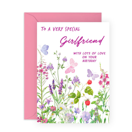 Lovely Birthday Card for Her - 'Birthday Floral Girlfriend' - Gifts for Couples, Her, Soon To Be Wife, Babe, Darling, Other Half, From Boyfriend - Flowers & Butterflies - Comes with Fun Stickers