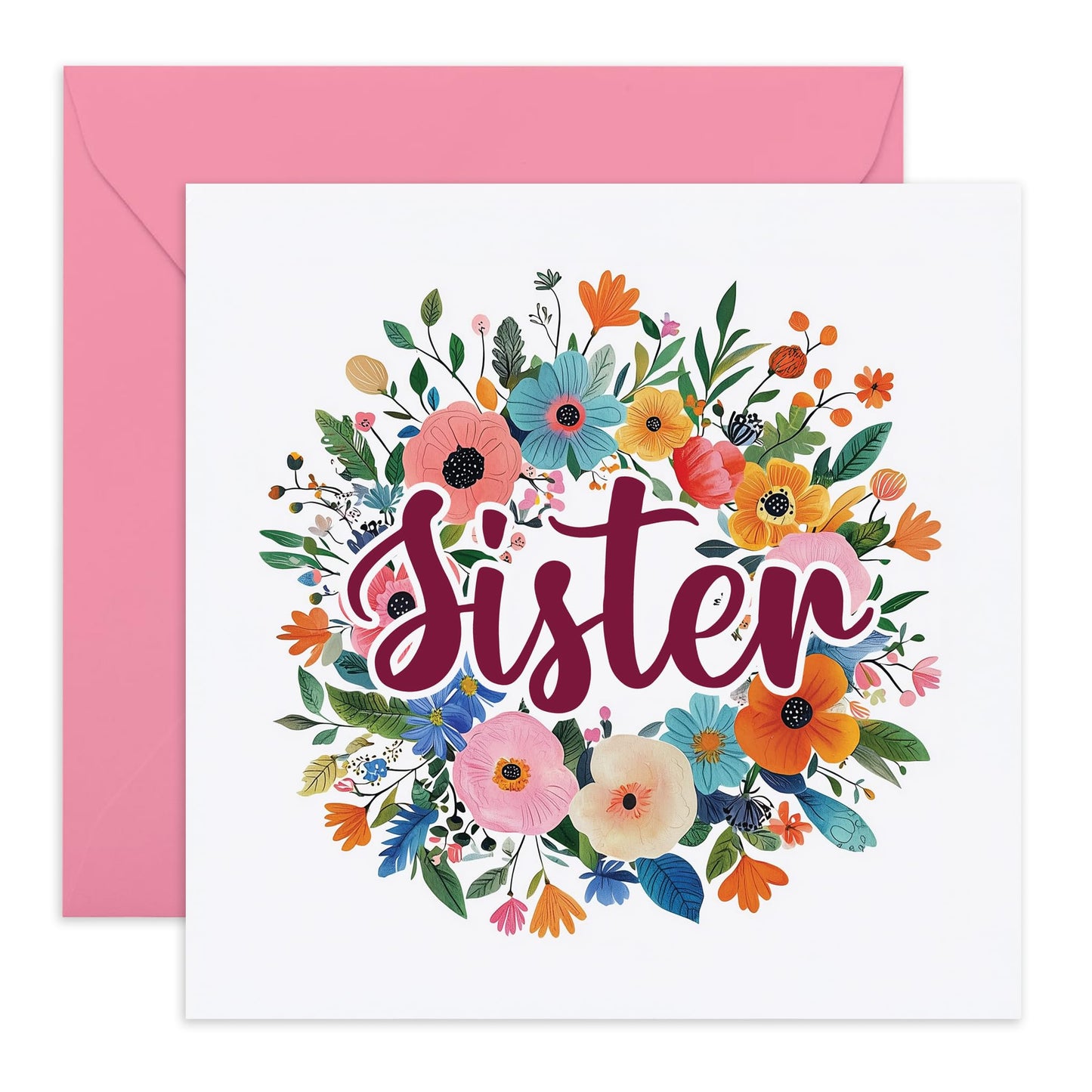 Sister's Birthday Card - 'Sister Floral Wreath' - Gifts for Sis, Sibling, Family, Teenagers, Ladies, Girls, Her - Flowers & Message to My Sis - Comes with Fun Stickers