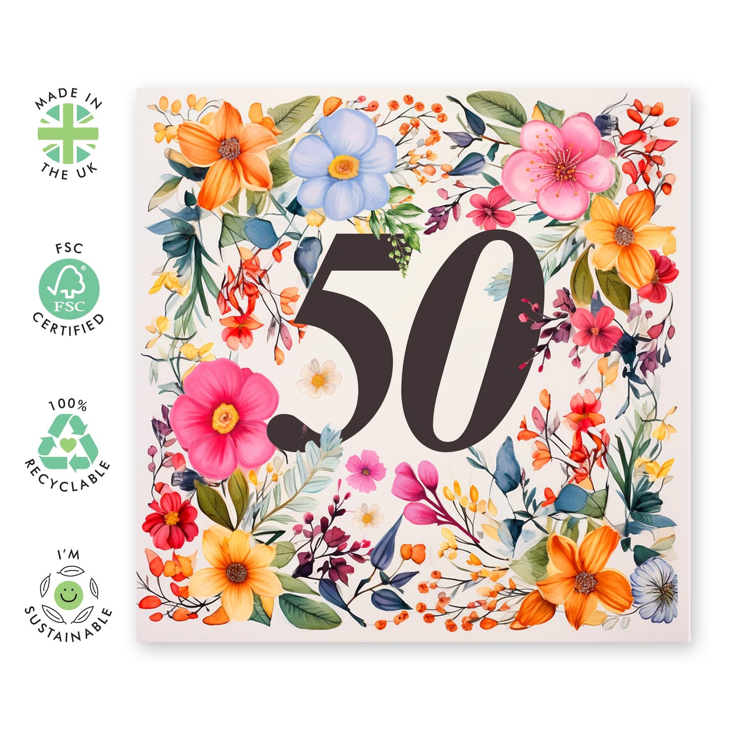 50th Birthday Card For Women - Happy Fiftieth Birthday Card For Her - Flower Gifts - Floral Birthday Cards For Sister Mum Aunt Friends Cousin Age Fifty - Comes With Stickers By Central 23