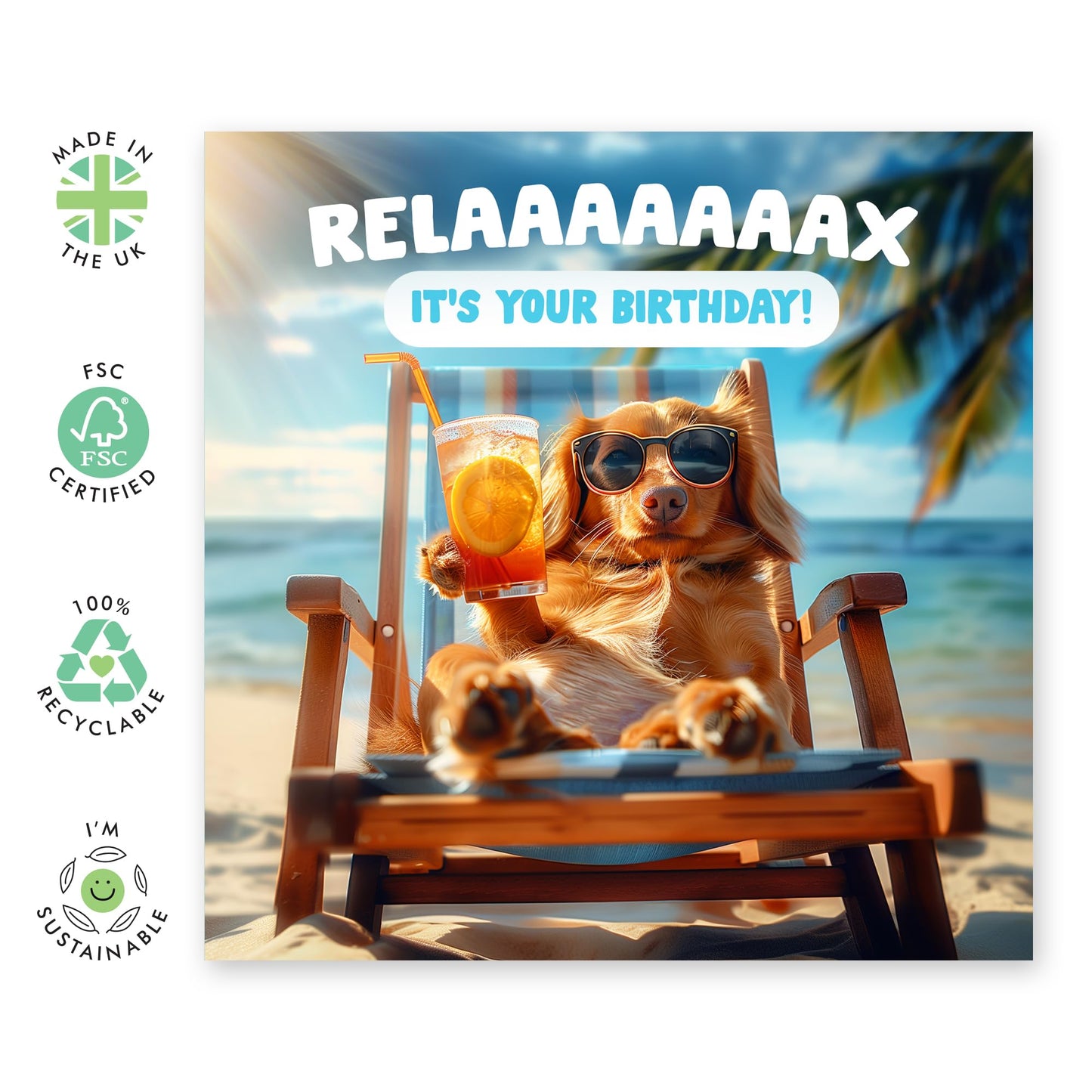 Greeting Card - 'RELAX SAUSAGE DOG BIRTHDAY' - Perfect for Dachshund Lovers & Fun Birthdays - Adds a Cozy Playful Touch to Celebrations - Ideal for Pet and Dog Fans - Comes With Stickers By Central 23
