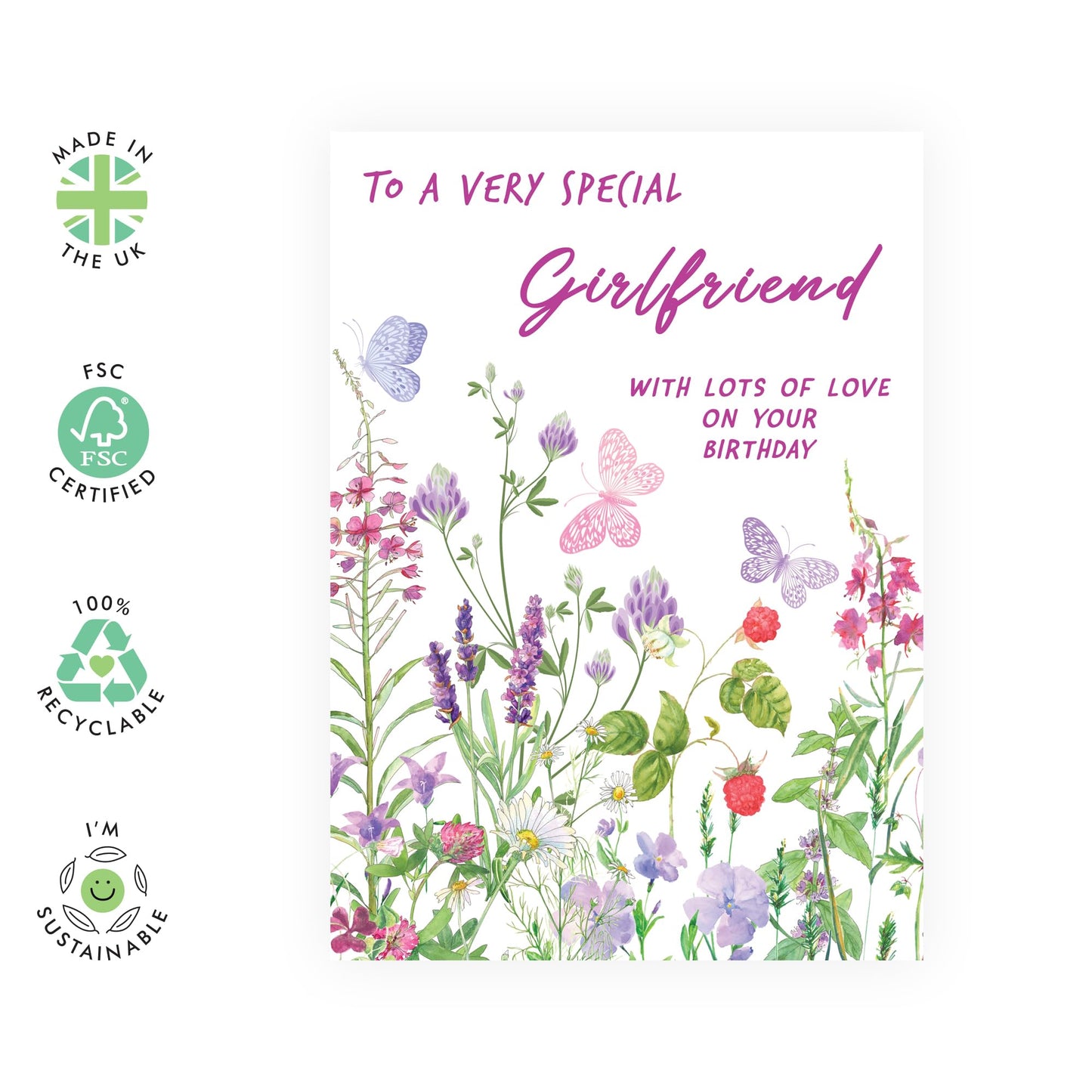 Lovely Birthday Card for Her - 'Birthday Floral Girlfriend' - Gifts for Couples, Her, Soon To Be Wife, Babe, Darling, Other Half, From Boyfriend - Flowers & Butterflies - Comes with Fun Stickers
