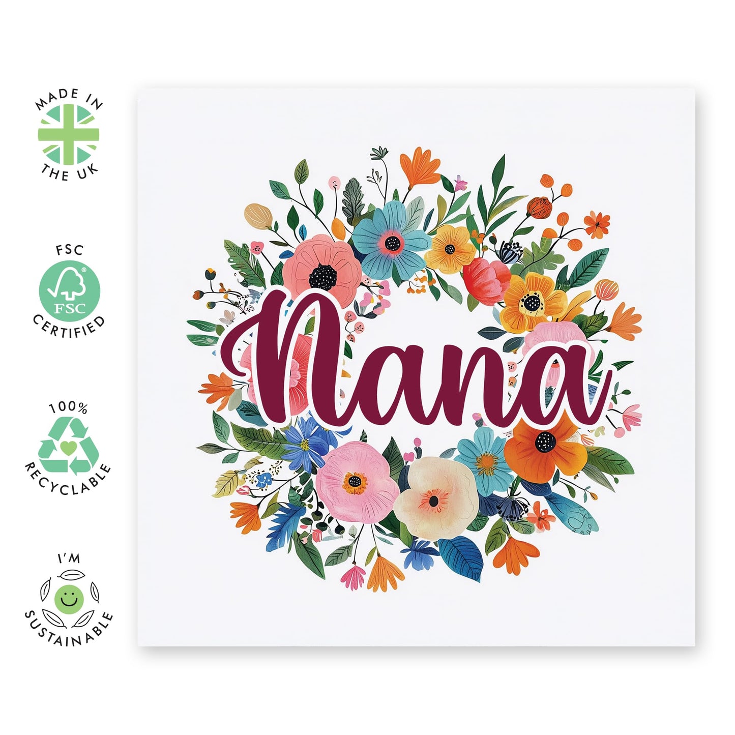 Nana's Birthday Card - 'Nana Floral Wreath' - Gifts for Grandma, Grandmother, Grandparent, Family from Grandchildren - Flowers & Message to Grandmum - Comes with Fun Stickers
