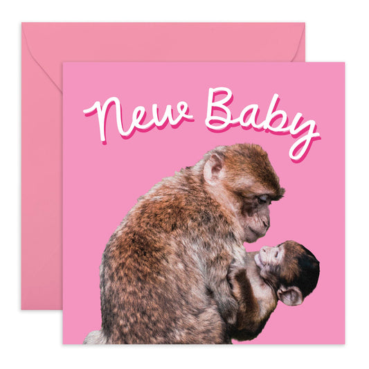 Greeting Card - 'NEW BABY PINK MONKEY' - Perfect for Welcoming a New Baby with a Cute Monkey Theme - Ideal for Adding a Touch of Joy & Playfulness to of a New Baby - Comes With Stickers By Central 23