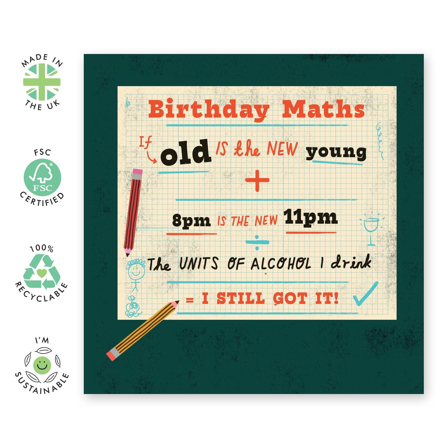 Jokes On Aging Birthday Card - 'Birthday Maths' - Gifts for Him, Her, Uncle, Auntie, Mum, Dad - Units Of Alcohol - Comes with Fun Stickers