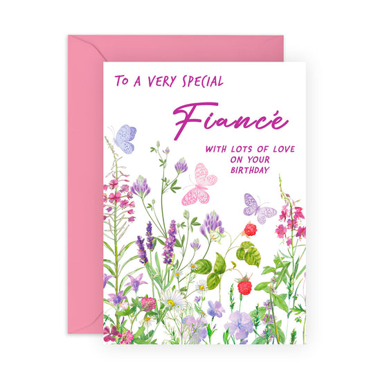 Lovely Birthday Card for Her - 'Birthday Floral Fiance' - Gifts for Engaged, Couples, Her, Soon To Be Wife, Mrs, Babe, Darling, Other Half - Flowers & Butterflies - Comes with Fun Stickers