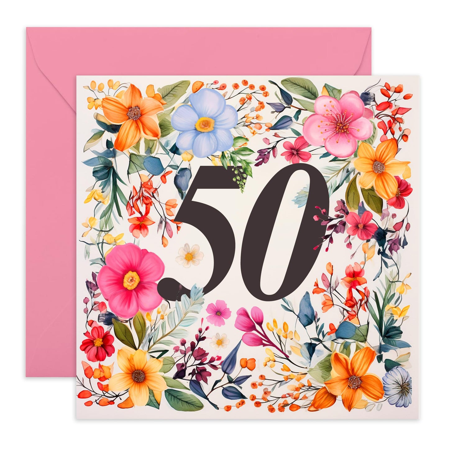 50th Birthday Card For Women - Happy Fiftieth Birthday Card For Her - Flower Gifts - Floral Birthday Cards For Sister Mum Aunt Friends Cousin Age Fifty - Comes With Stickers By Central 23