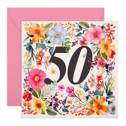 50th Birthday Card For Women - Happy Fiftieth Birthday Card For Her - Flower Gifts - Floral Birthday Cards For Sister Mum Aunt Friends Cousin Age Fifty - Comes With Stickers By Central 23