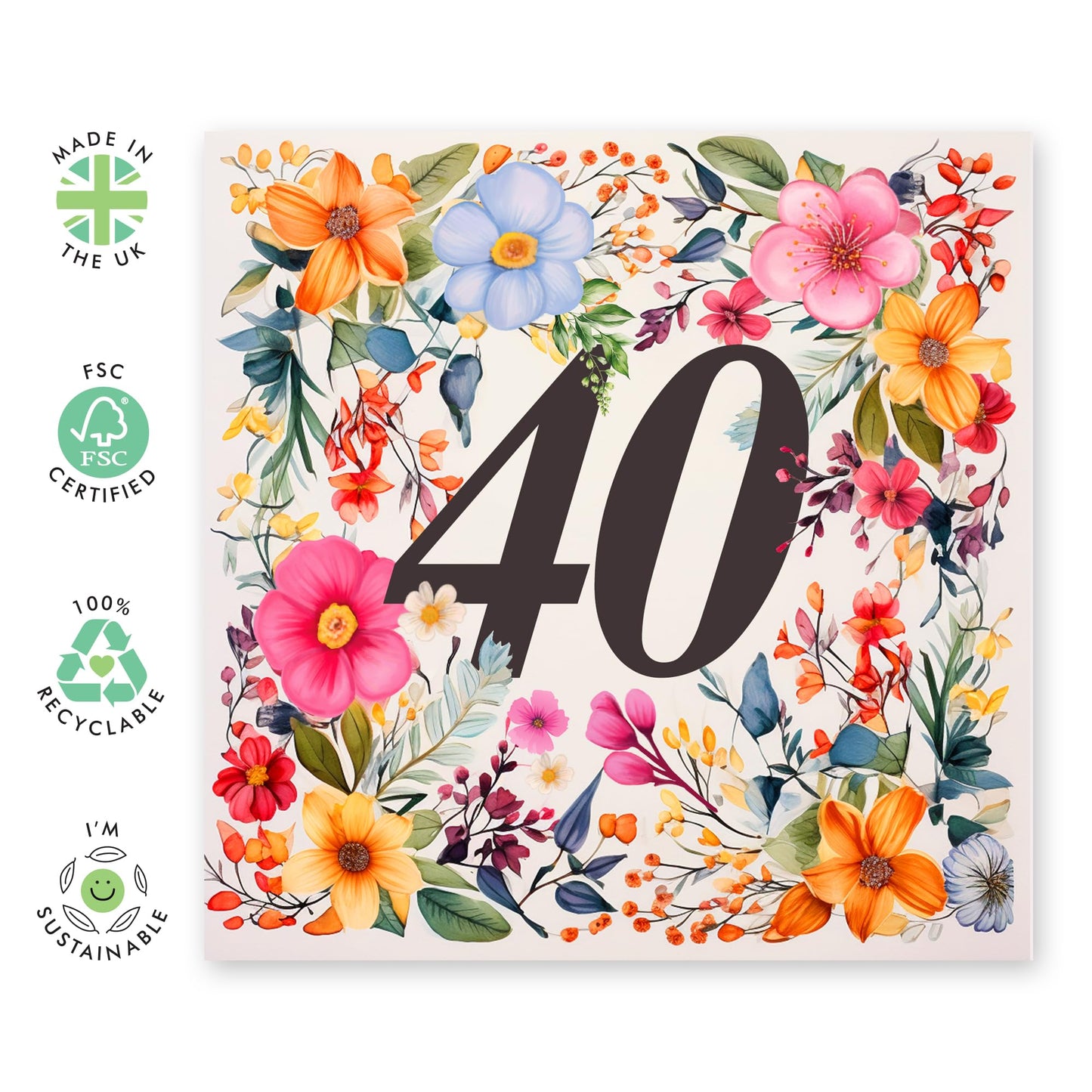 40th Birthday Card For Women - Happy Fortieth Birthday Card For Her - Flower Gifts - Floral Birthday Cards For Sister Aunt Cousin Friends Age Forty - Comes With Stickers By Central 23