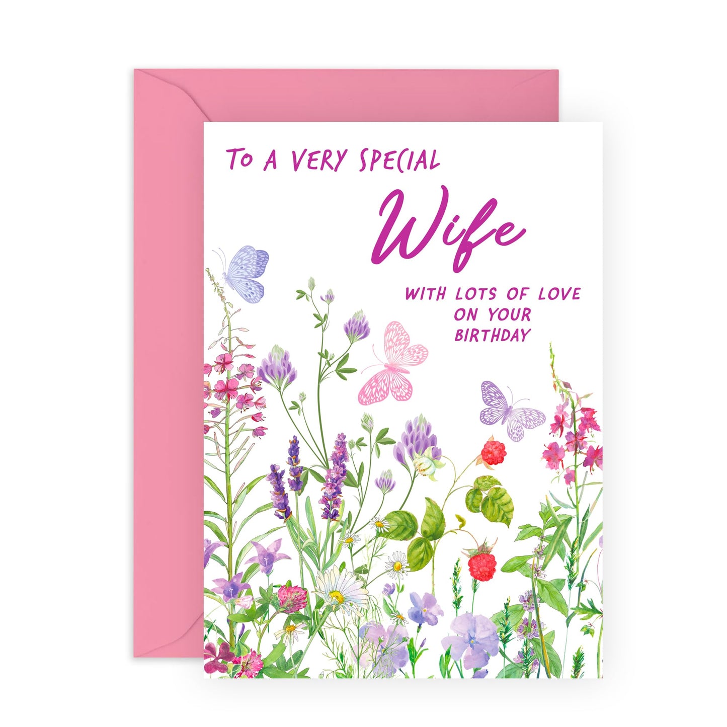 Lovely Birthday Card for Her - 'Birthday Floral Wife' - Gifts for Couples, Mothers, Mum, Mrs, Family, Woman - Flowers & Butterflies - Comes with Fun Stickers