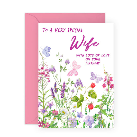 Lovely Birthday Card for Her - 'Birthday Floral Wife' - Gifts for Couples, Mothers, Mum, Mrs, Family, Woman - Flowers & Butterflies - Comes with Fun Stickers