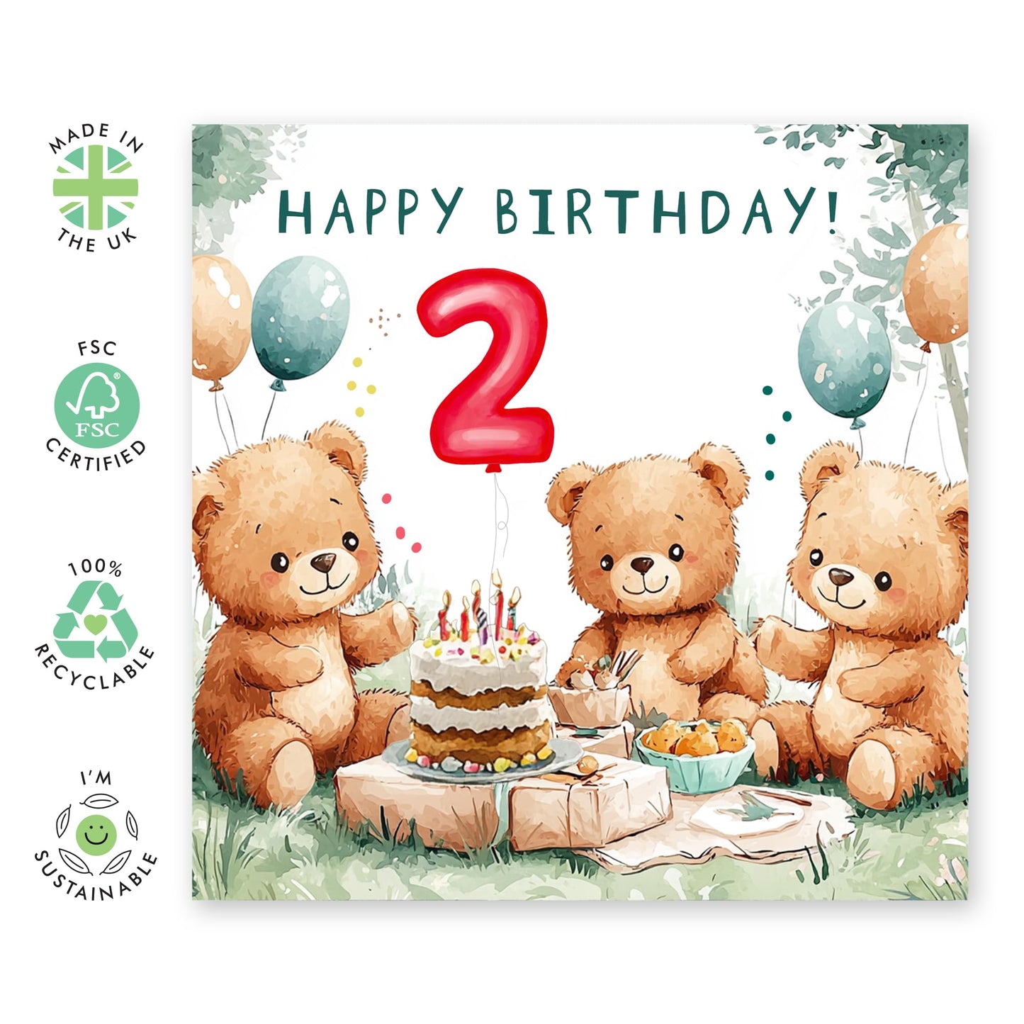 Birthday Card - 'TEDDY BEAR 2 TODAY' - Perfect for Celebrating a Cuddly 2nd Birthday - Ideal for Toddlers, Parents, Boys, Girls and Anyone Who Loves Adorable Bears - Comes With Stickers By Central 23
