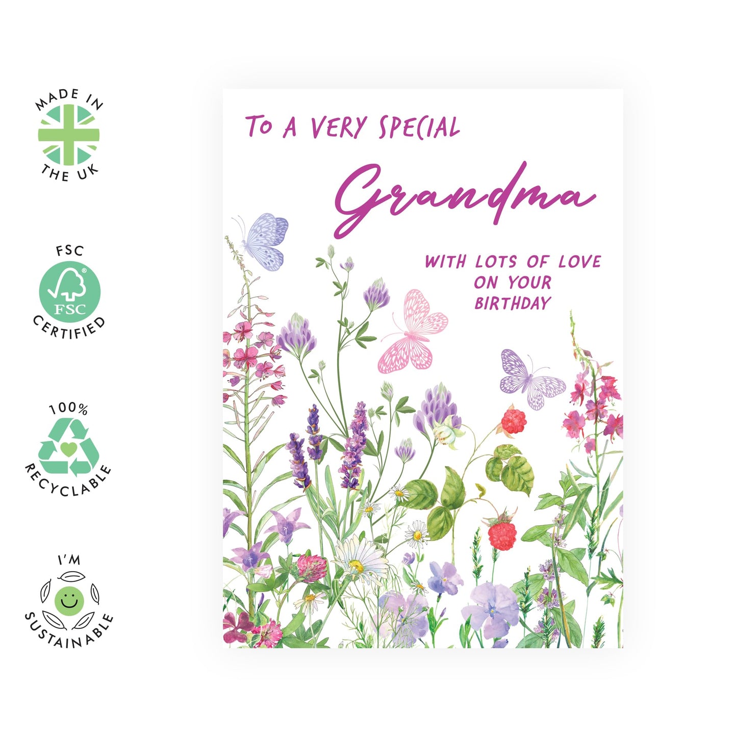Lovely Birthday Card- 'Birthday Floral Grandma' - Gifts for Grandmother, Grandma, Grandparent, Nana, Nanny, Nan - Flowers & Butterflies - Comes with Fun Stickers