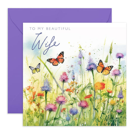 Birthday Card For Wife Flowers - Valentine's Day, Anniversary - Greeting Cards For Her Female Women - Mother's Day - Thinking Of You Gifts - Butterfly - Comes With Stickers - By Central 23