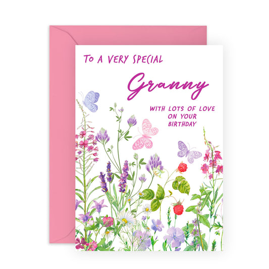 Lovely Birthday Card- 'Birthday Floral Granny' - Gifts for Grandmother, Grandma, Grandparent, Nana, Nanny, Nan - Flowers & Butterflies - Comes with Fun Stickers