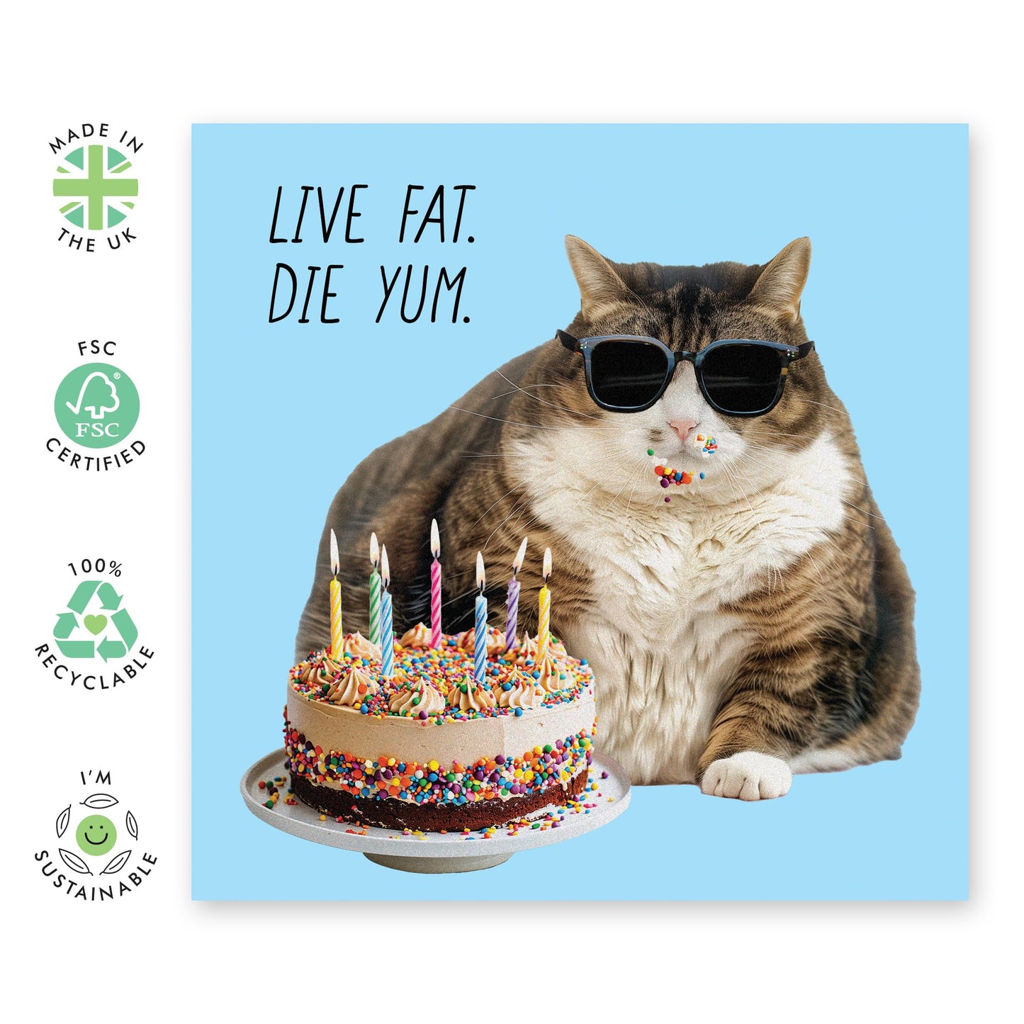 Cat Birthday Card - Live Fat Die Yum- Jokes Puns Banter - Funny Birthday Card For Mum Sister Friends - Hilarious Greeting Cards - Cat Mum Fur Parent Cat Lady Gifts - Comes With Stickers By Central 23