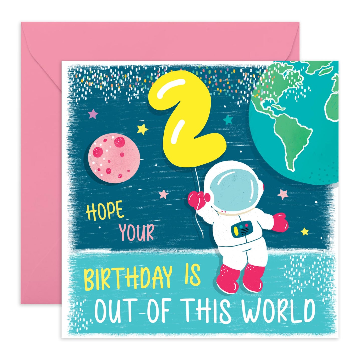 2nd Birthday Card Boy Girl - Out Of This World Space Astronaut - Happy Second Birthday Cards For Kids Toddler - Two Year Old Gifts For Grandson Goddaughter - Comes With Cute Stickers By Central 23
