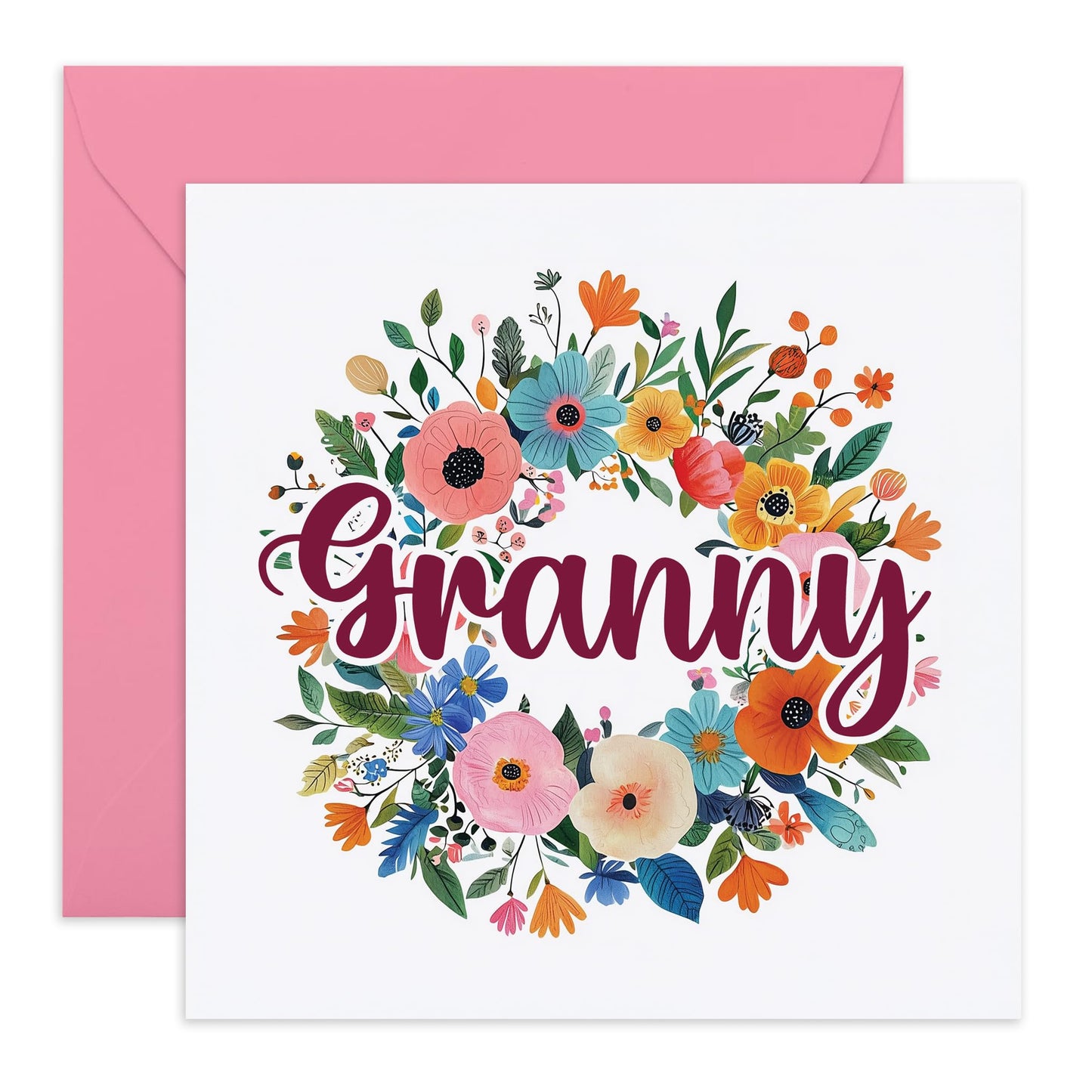 Granny's Birthday Card - 'Granny Floral Wreath' - Gifts for Grandma, Grandmother, Grandparent, Family from Grandchildren -Flowers & Message to Nana - Comes with Fun Stickers