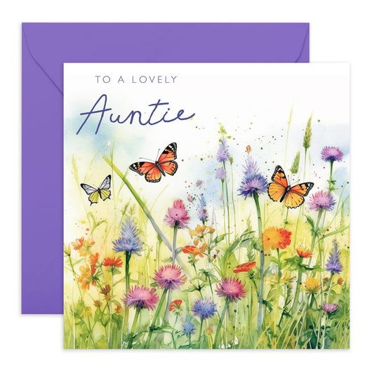 Auntie Birthday Card For Women - To A Lovely Auntie - Aunt Birthday Card For Her - Mothers Day Greeting Cards For Aunts - Sweet Heartfelt - Butterfly Garden - Comes With Stickers By Central 23