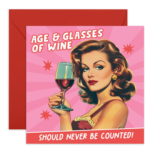 Friend Birthday Cards For Women - Age And Glasses Of Wine - Retro Friendship Gifts For Her - Funny Greeting Cards For Sister Mum Auntie Nana Cousin - Comes With Stickers - By Central 23