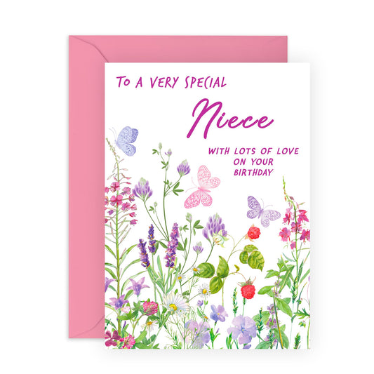 Lovely Birthday Card - 'Birthday Floral Niece' - Gifts for Girls, Ladies, Her, Relatives, From Auntie or Uncle - Flowers & Butterflies - Comes with Fun Stickers