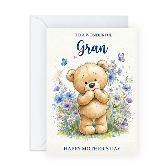 Gran Mother’s Day Card – Cute Teddy Bear Floral Meadow for Her Grandmother Grandma Her Women Seniors From Grandson Granddaughter Family – Watercolour Keepsake Greeting -Comes with Stickers