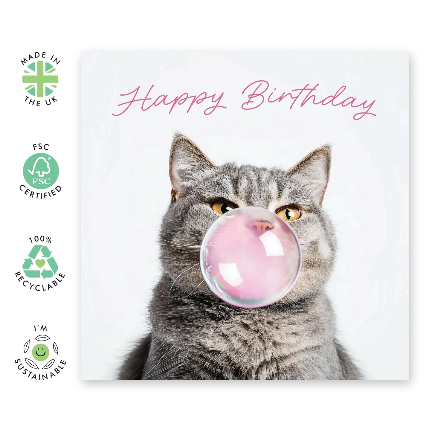 Cute Cat Birthday Card - 'Bubblegum Cat' Fabulous Presents for Fur Mum, Her, Ladies, Cat Lovers, Pet Owners, Sister, Bestie, BFF, Sis, Auntie, Friends - Sassy and Fab - Comes with Fun Stickers