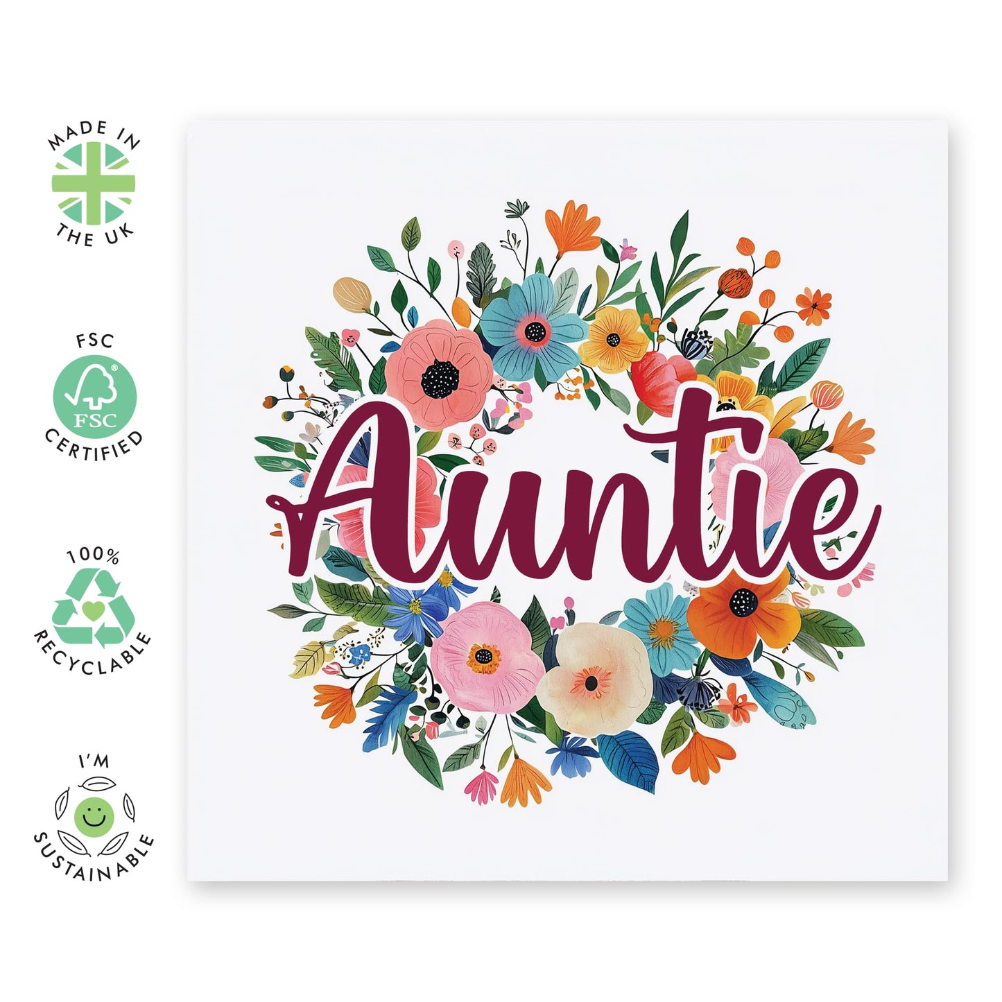 Auntie's Birthday Card - 'Auntie Floral Wreath' - Gifts for Aunts, Family, Relatives, Her from Niece or Nephew - Flowers & Message to Auntie - Comes with Fun Stickers