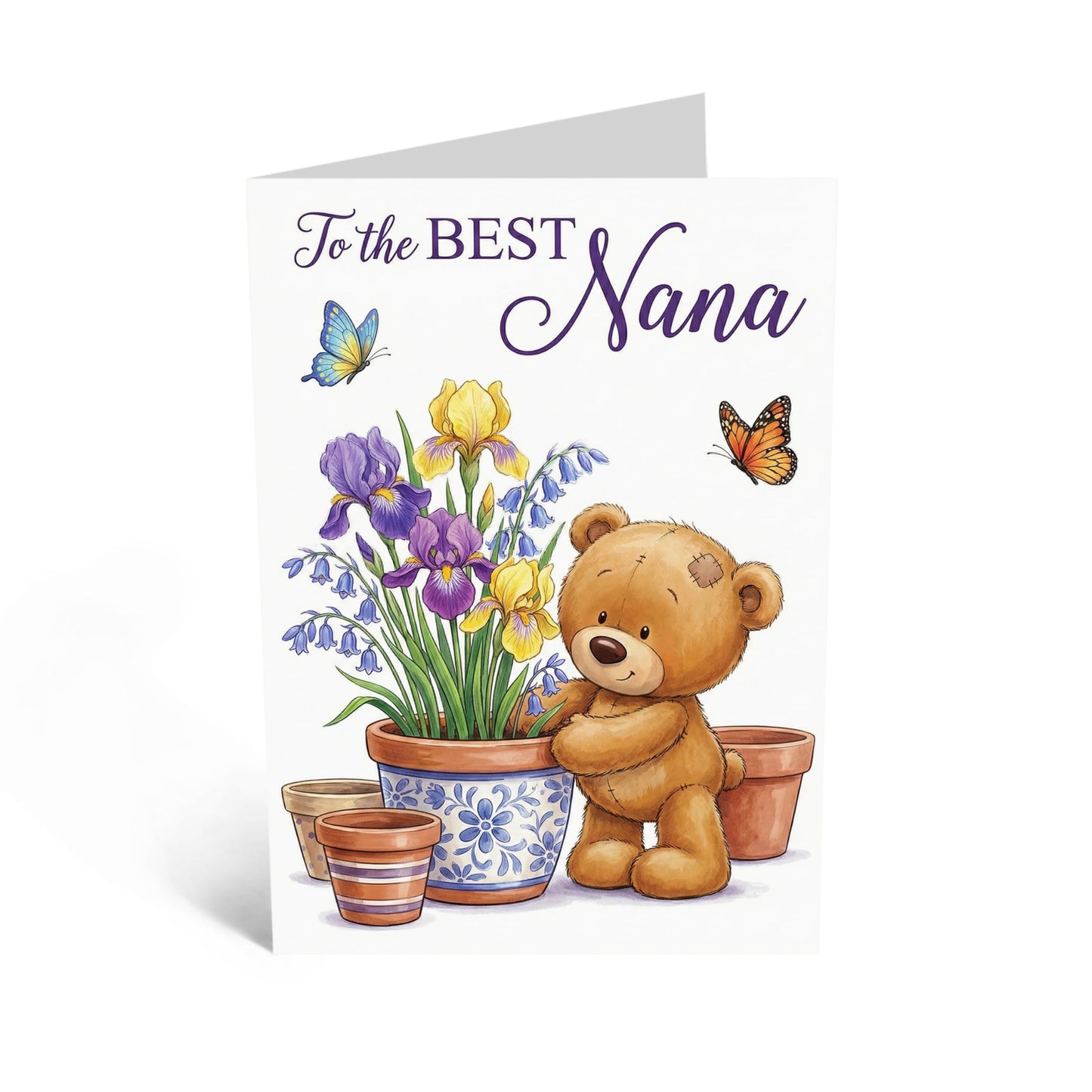 Nana Mother’s Day Card - ‘To the Best Nana’ Gardening Teddy Bear Birthday Card - Sweet Nanna Greeting Card with Floral Illustration - Includes Premium White Envelope