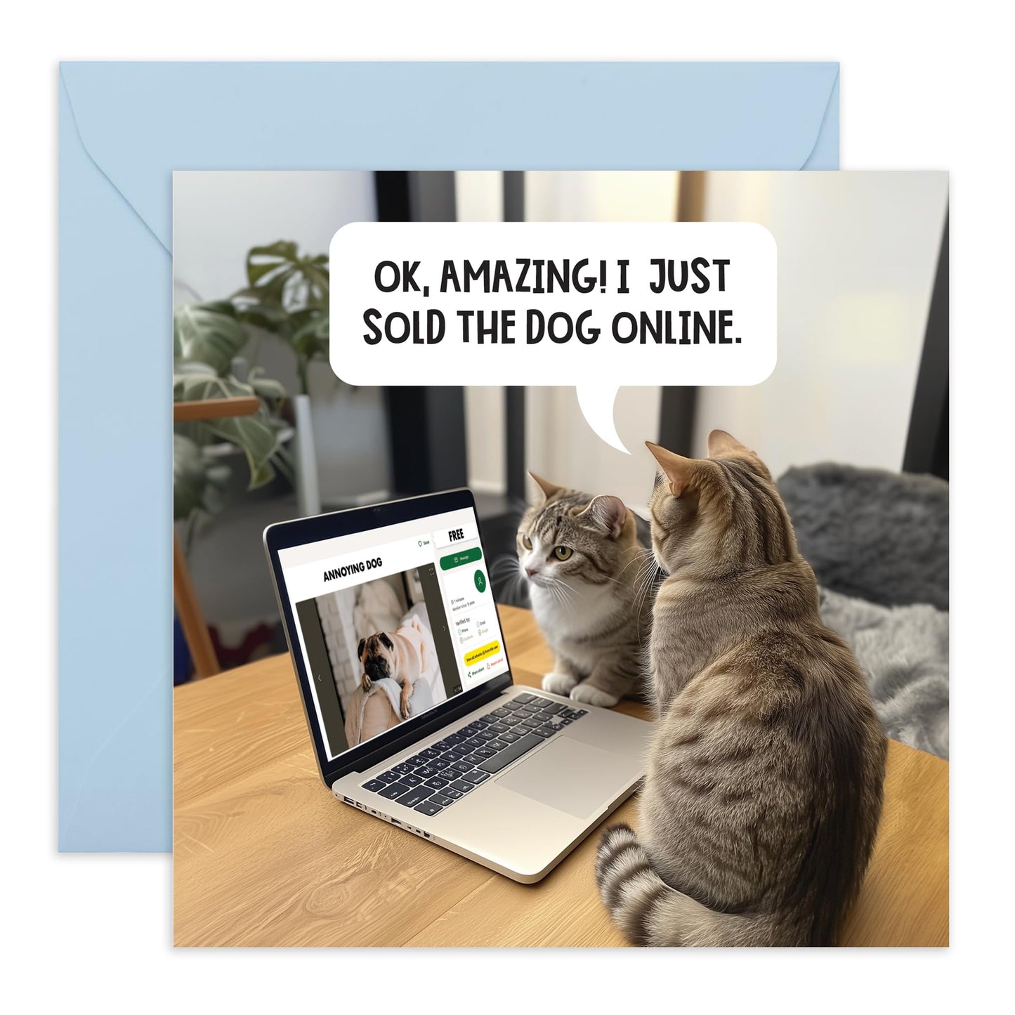 Funny Birthday Card Online Seller Cat - 'Cats Just Sold The Dog Online' - Gifts for Her, Him, Fur Mum or Dad, Friends, Pet Owners - Cats VS Dogs- Comes with Fun Stickers