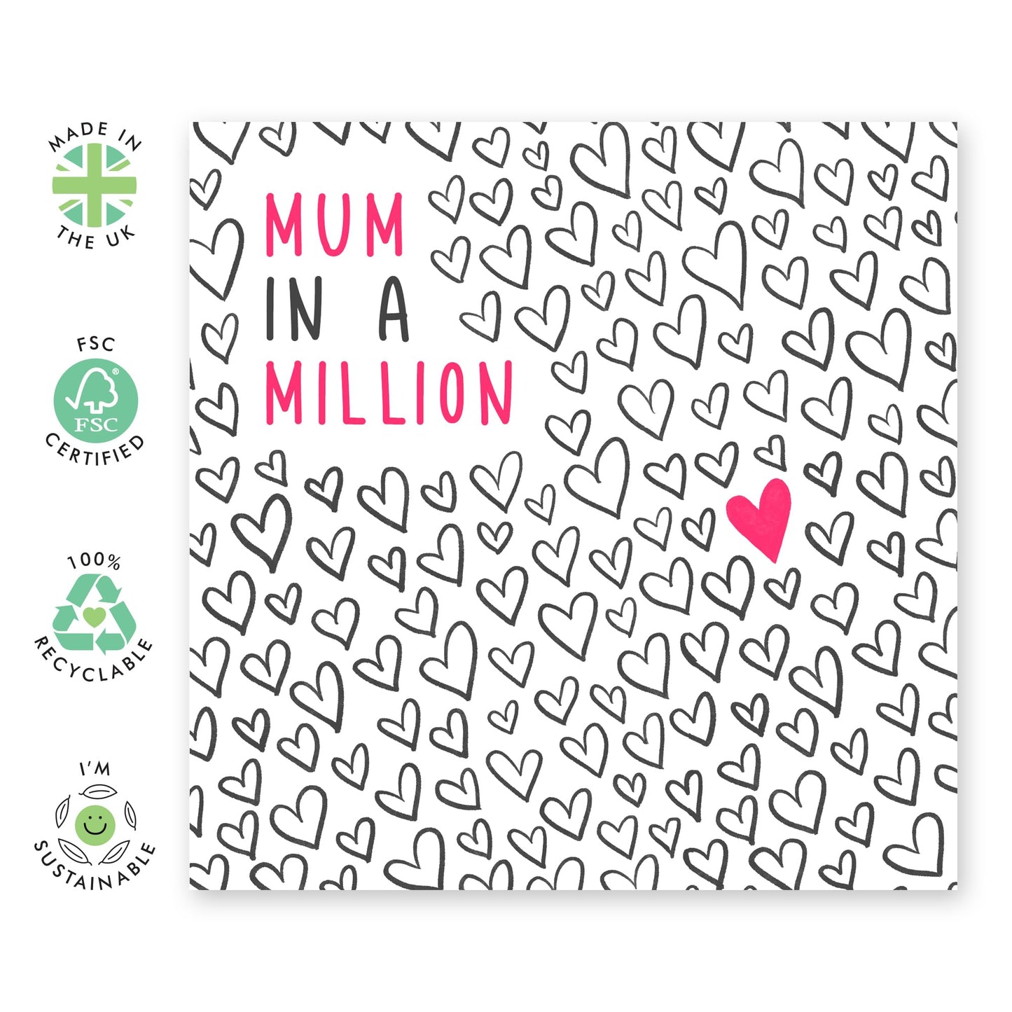 Mum Birthday Card - Mum In A Million - Hearts Love Cards For Her - Mother's Day Card Valentine's Day Appreciation Card Just Because - Comes With Stickers - By Central 23